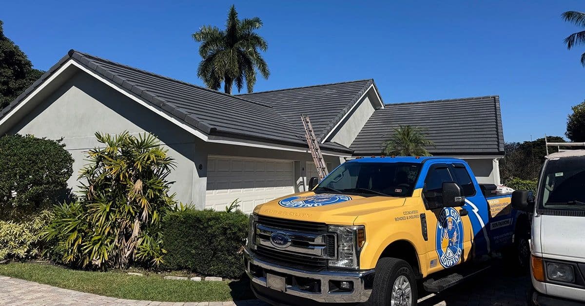 Good Guy Roofing truck parked at a South Florida home during a roof inspection visit