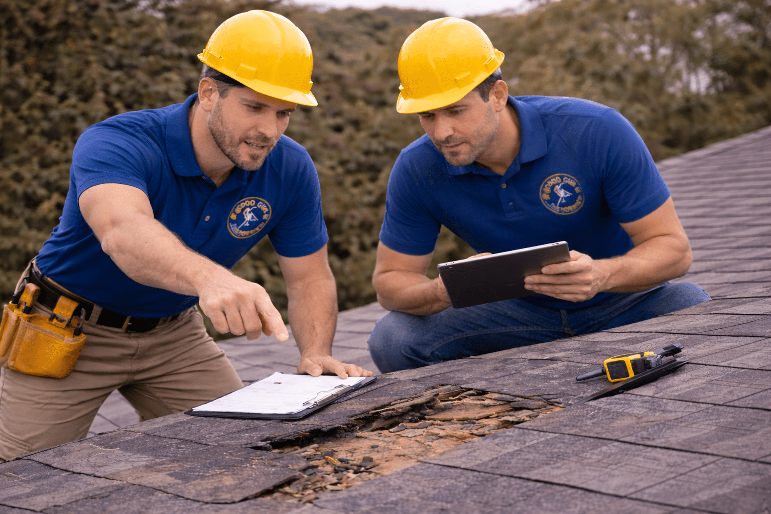 roofing contractors assessing damaged asphalt shingle roof to determine repair solutions