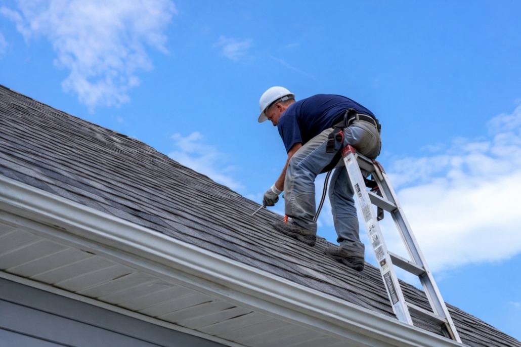 roof inspector on ladder checking asphalt shingles for damage and wear on residential roof.