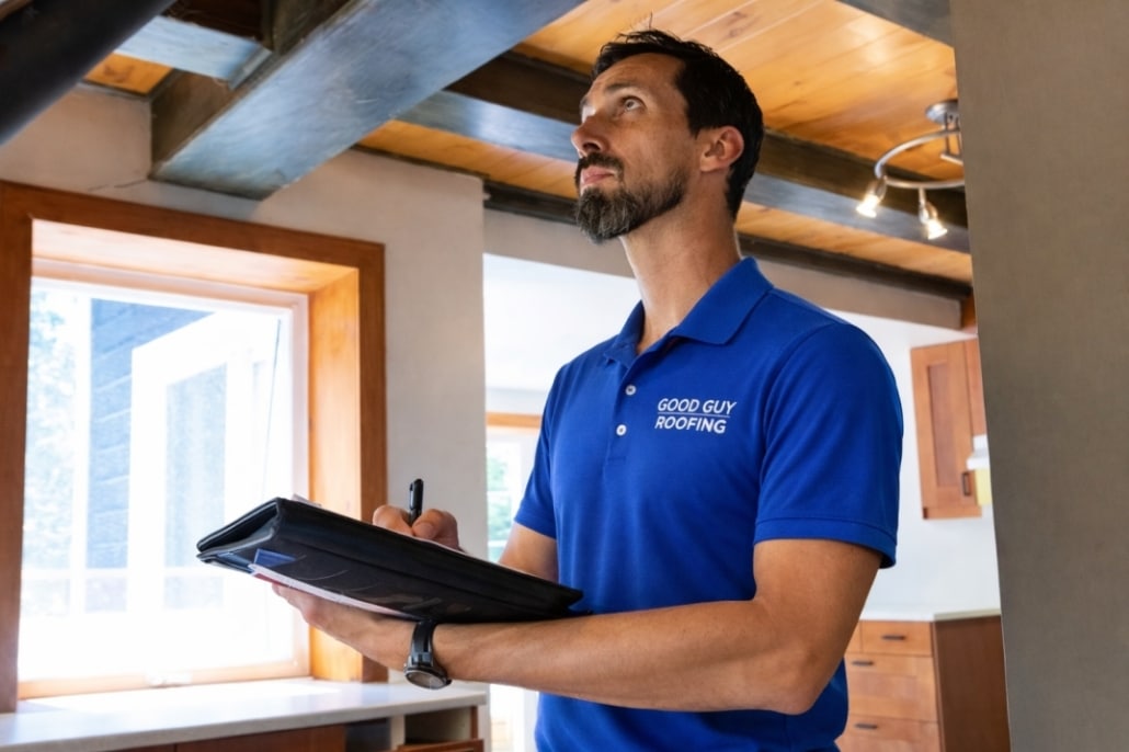 roof inspector inside home checking ceiling and attic structure for damage and leaks