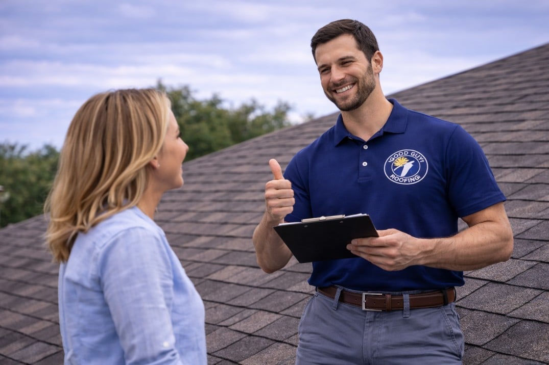 Roofing contractor performing final inspection after roof installation