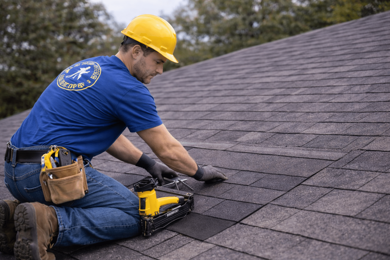 professional roofer repairing asphalt shingle roof using nail gun