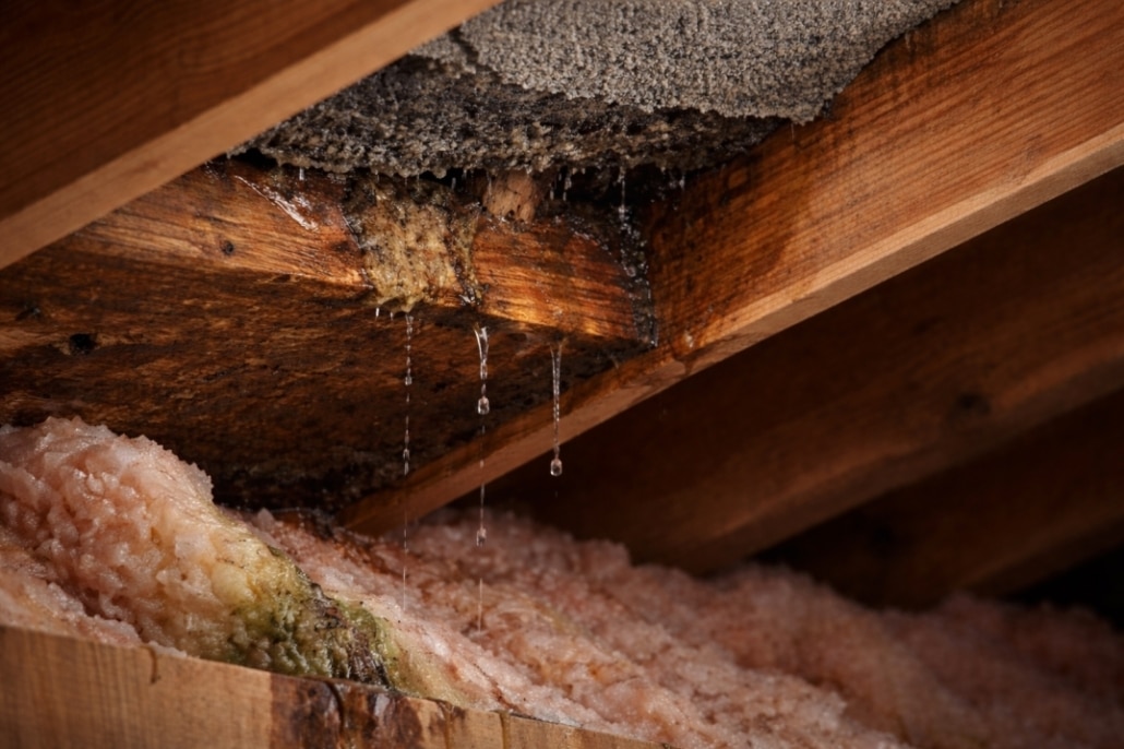 Small hidden roof leak in attic with water dripping onto insulation