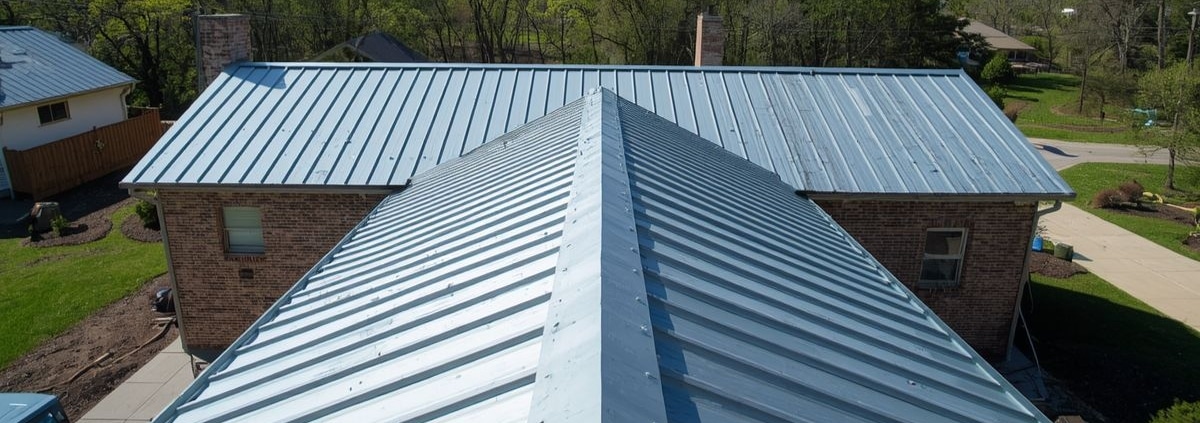 A top-down, aerial photograph taken from the perspective of a roofer. The image focuses on a newly installed light blue, vertically-ridged metal roof structure, highlighting the clean alignment and fastening patterns essential for a successful metal roof installation.